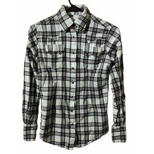 Rockmount Ranch Wear Women's XS Pearl Snap Mint Green Black White Plaid Shirt